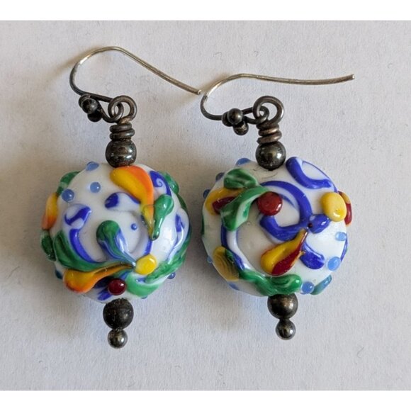 Hand Blown Glass Bead Earrings Colorful Swirls Sterling Silver Hooks - Picture 1 of 13